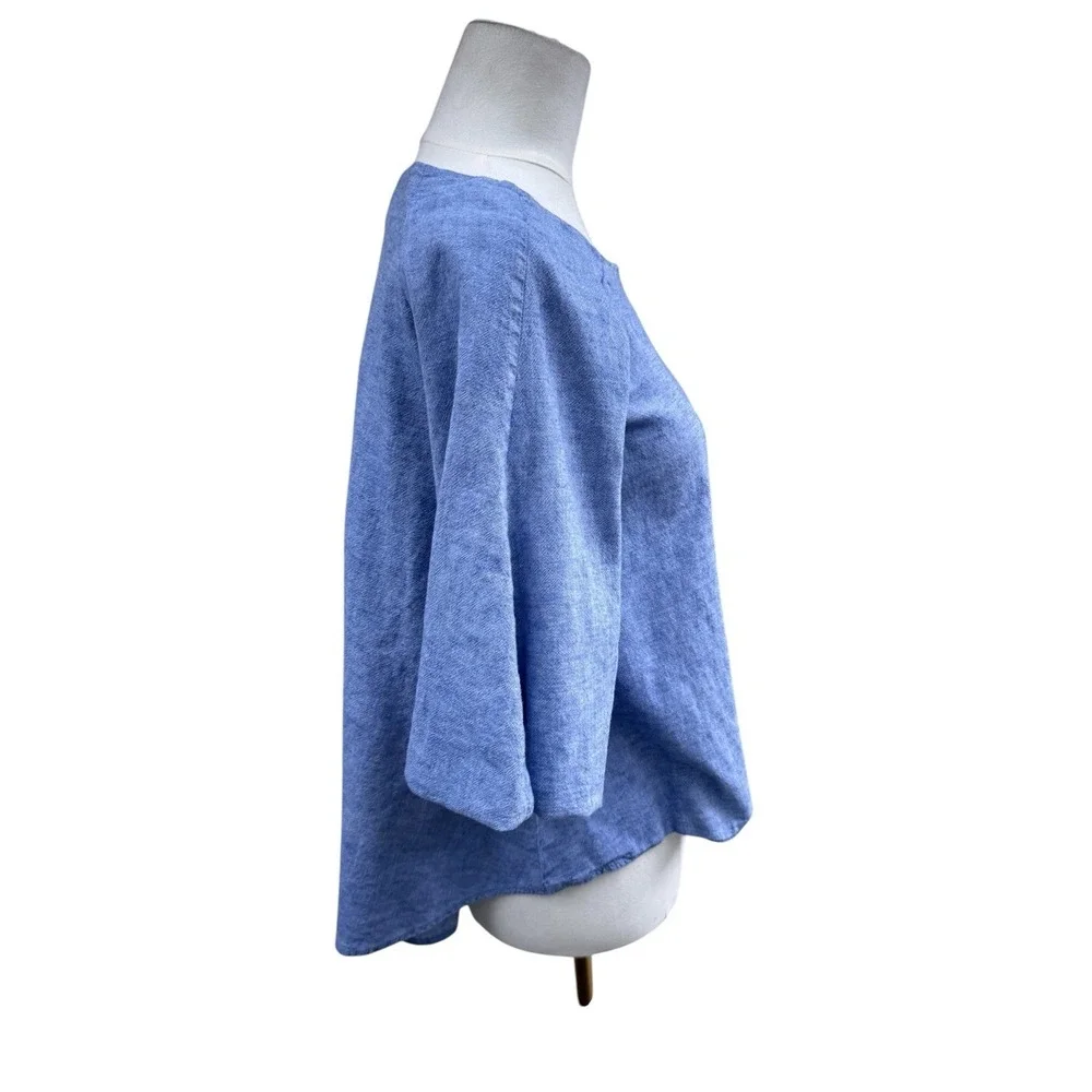 Zara Basic Blue Linen Blend Top XS Flowy Boxy Short Sleeve Minimal Summer Blouse